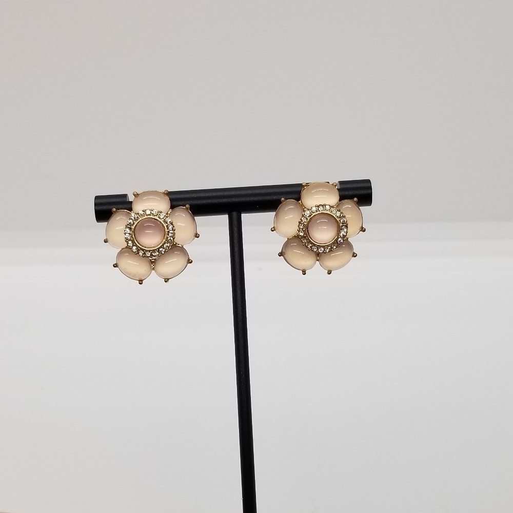 light pink cats eye flower earrings with rhinestone halo